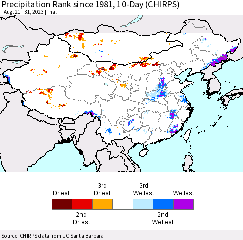 China, Mongolia and Taiwan Precipitation Rank since 1981, 10-Day (CHIRPS) Thematic Map For 8/21/2023 - 8/31/2023