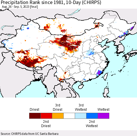 China, Mongolia and Taiwan Precipitation Rank since 1981, 10-Day (CHIRPS) Thematic Map For 8/26/2023 - 9/5/2023