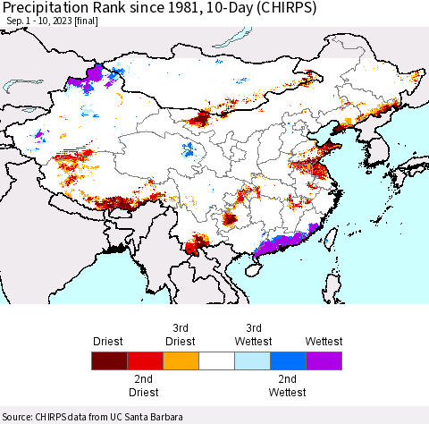 China, Mongolia and Taiwan Precipitation Rank since 1981, 10-Day (CHIRPS) Thematic Map For 9/1/2023 - 9/10/2023