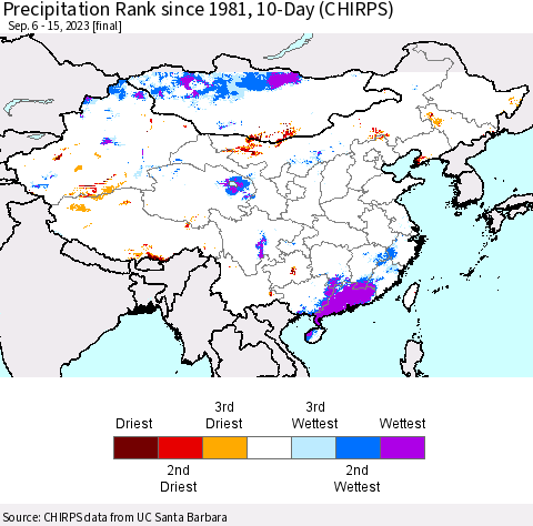 China, Mongolia and Taiwan Precipitation Rank since 1981, 10-Day (CHIRPS) Thematic Map For 9/6/2023 - 9/15/2023