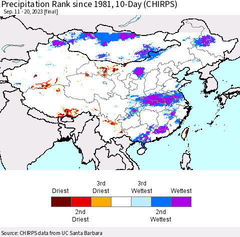 China, Mongolia and Taiwan Precipitation Rank since 1981, 10-Day (CHIRPS) Thematic Map For 9/11/2023 - 9/20/2023