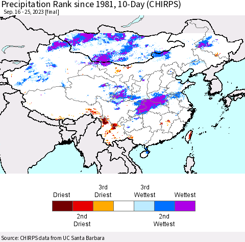 China, Mongolia and Taiwan Precipitation Rank since 1981, 10-Day (CHIRPS) Thematic Map For 9/16/2023 - 9/25/2023