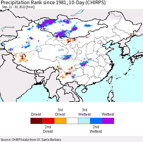 China, Mongolia and Taiwan Precipitation Rank since 1981, 10-Day (CHIRPS) Thematic Map For 9/21/2023 - 9/30/2023