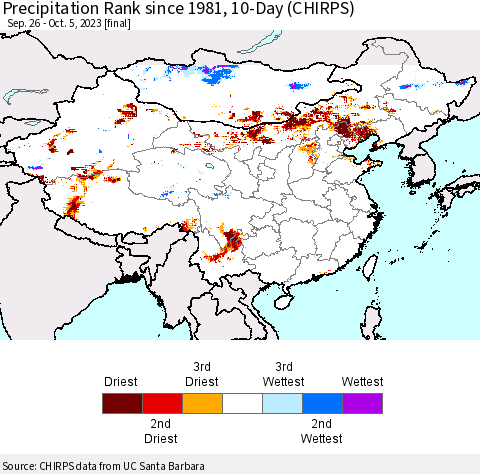 China, Mongolia and Taiwan Precipitation Rank since 1981, 10-Day (CHIRPS) Thematic Map For 9/26/2023 - 10/5/2023