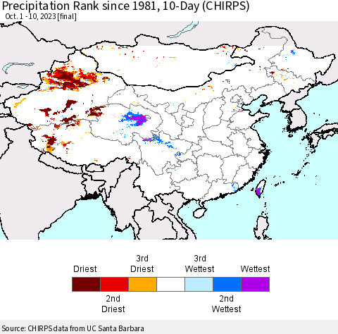 China, Mongolia and Taiwan Precipitation Rank since 1981, 10-Day (CHIRPS) Thematic Map For 10/1/2023 - 10/10/2023