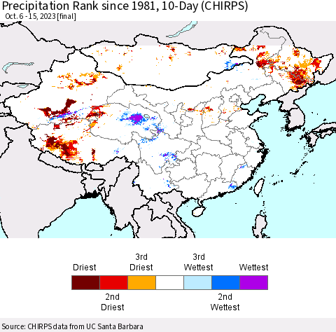 China, Mongolia and Taiwan Precipitation Rank since 1981, 10-Day (CHIRPS) Thematic Map For 10/6/2023 - 10/15/2023