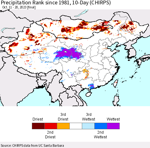 China, Mongolia and Taiwan Precipitation Rank since 1981, 10-Day (CHIRPS) Thematic Map For 10/11/2023 - 10/20/2023