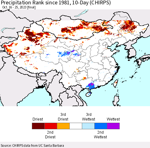 China, Mongolia and Taiwan Precipitation Rank since 1981, 10-Day (CHIRPS) Thematic Map For 10/16/2023 - 10/25/2023