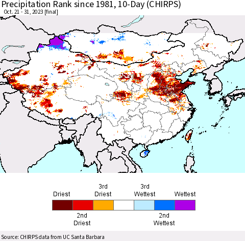 China, Mongolia and Taiwan Precipitation Rank since 1981, 10-Day (CHIRPS) Thematic Map For 10/21/2023 - 10/31/2023