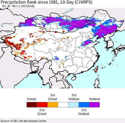 China, Mongolia and Taiwan Precipitation Rank since 1981, 10-Day (CHIRPS) Thematic Map For 10/26/2023 - 11/5/2023