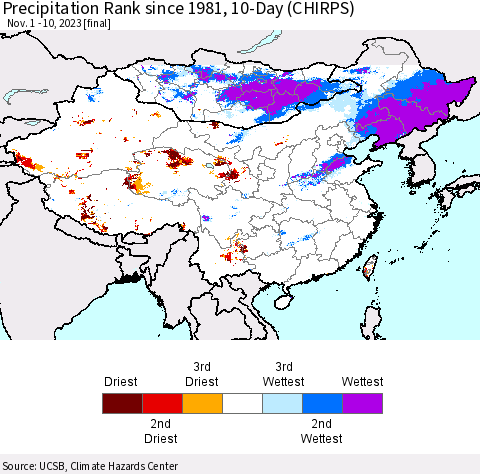 China, Mongolia and Taiwan Precipitation Rank since 1981, 10-Day (CHIRPS) Thematic Map For 11/1/2023 - 11/10/2023