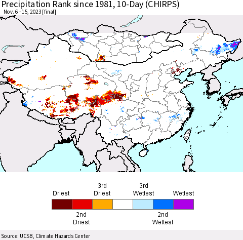 China, Mongolia and Taiwan Precipitation Rank since 1981, 10-Day (CHIRPS) Thematic Map For 11/6/2023 - 11/15/2023