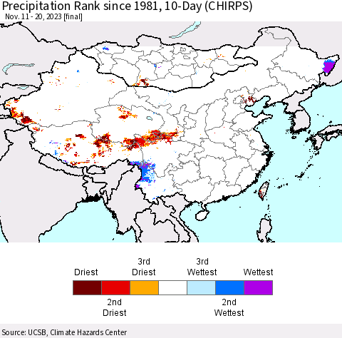 China, Mongolia and Taiwan Precipitation Rank since 1981, 10-Day (CHIRPS) Thematic Map For 11/11/2023 - 11/20/2023