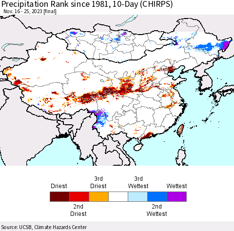 China, Mongolia and Taiwan Precipitation Rank since 1981, 10-Day (CHIRPS) Thematic Map For 11/16/2023 - 11/25/2023