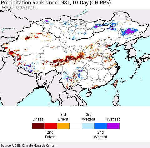 China, Mongolia and Taiwan Precipitation Rank since 1981, 10-Day (CHIRPS) Thematic Map For 11/21/2023 - 11/30/2023
