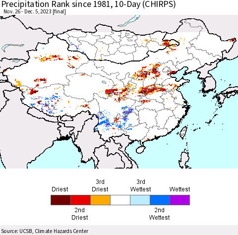China, Mongolia and Taiwan Precipitation Rank since 1981, 10-Day (CHIRPS) Thematic Map For 11/26/2023 - 12/5/2023