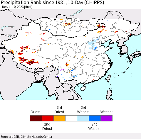 China, Mongolia and Taiwan Precipitation Rank since 1981, 10-Day (CHIRPS) Thematic Map For 12/1/2023 - 12/10/2023