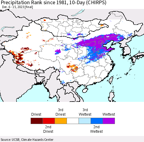 China, Mongolia and Taiwan Precipitation Rank since 1981, 10-Day (CHIRPS) Thematic Map For 12/6/2023 - 12/15/2023