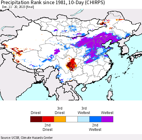China, Mongolia and Taiwan Precipitation Rank since 1981, 10-Day (CHIRPS) Thematic Map For 12/11/2023 - 12/20/2023