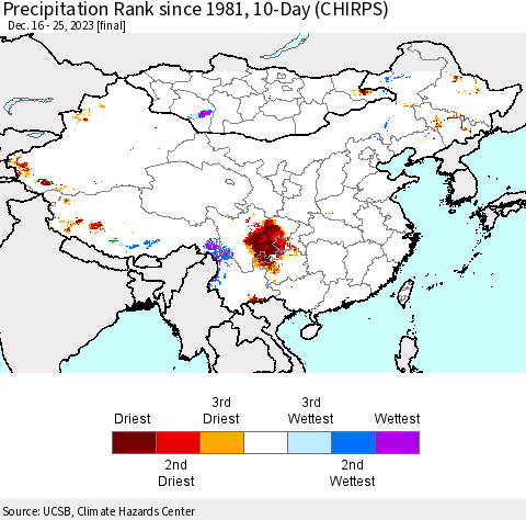 China, Mongolia and Taiwan Precipitation Rank since 1981, 10-Day (CHIRPS) Thematic Map For 12/16/2023 - 12/25/2023