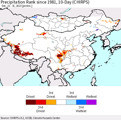 China, Mongolia and Taiwan Precipitation Rank since 1981, 10-Day (CHIRPS) Thematic Map For 12/21/2023 - 12/31/2023