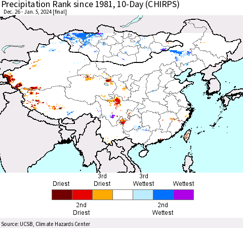 China, Mongolia and Taiwan Precipitation Rank since 1981, 10-Day (CHIRPS) Thematic Map For 12/26/2023 - 1/5/2024