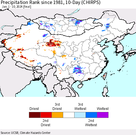 China, Mongolia and Taiwan Precipitation Rank since 1981, 10-Day (CHIRPS) Thematic Map For 1/1/2024 - 1/10/2024