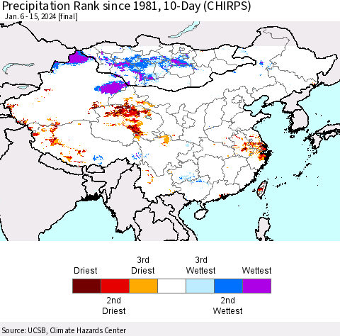 China, Mongolia and Taiwan Precipitation Rank since 1981, 10-Day (CHIRPS) Thematic Map For 1/6/2024 - 1/15/2024