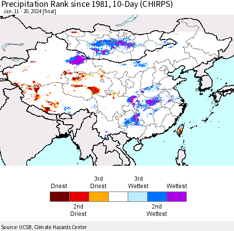 China, Mongolia and Taiwan Precipitation Rank since 1981, 10-Day (CHIRPS) Thematic Map For 1/11/2024 - 1/20/2024