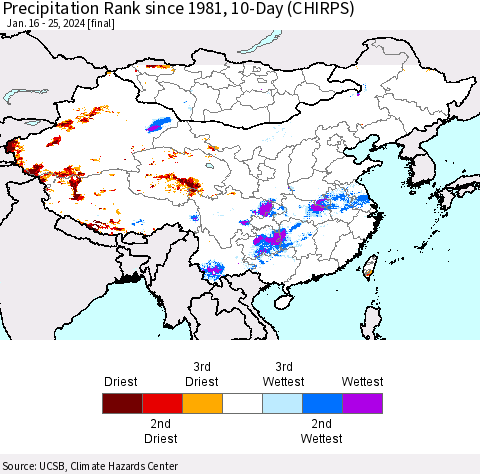 China, Mongolia and Taiwan Precipitation Rank since 1981, 10-Day (CHIRPS) Thematic Map For 1/16/2024 - 1/25/2024