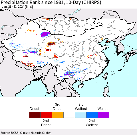 China, Mongolia and Taiwan Precipitation Rank since 1981, 10-Day (CHIRPS) Thematic Map For 1/21/2024 - 1/31/2024