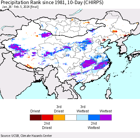 China, Mongolia and Taiwan Precipitation Rank since 1981, 10-Day (CHIRPS) Thematic Map For 1/26/2024 - 2/5/2024