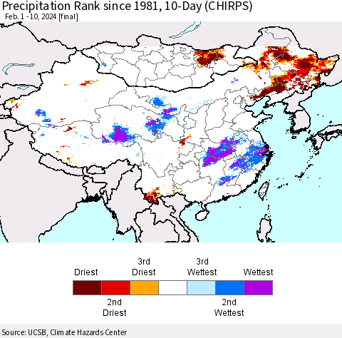 China, Mongolia and Taiwan Precipitation Rank since 1981, 10-Day (CHIRPS) Thematic Map For 2/1/2024 - 2/10/2024