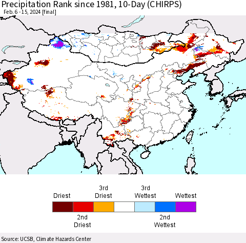 China, Mongolia and Taiwan Precipitation Rank since 1981, 10-Day (CHIRPS) Thematic Map For 2/6/2024 - 2/15/2024