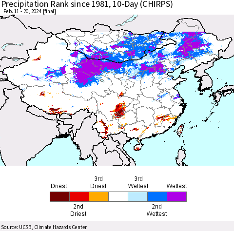 China, Mongolia and Taiwan Precipitation Rank since 1981, 10-Day (CHIRPS) Thematic Map For 2/11/2024 - 2/20/2024