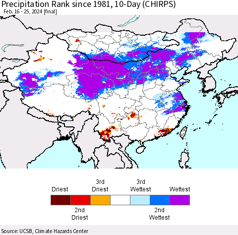 China, Mongolia and Taiwan Precipitation Rank since 1981, 10-Day (CHIRPS) Thematic Map For 2/16/2024 - 2/25/2024