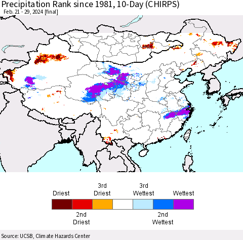 China, Mongolia and Taiwan Precipitation Rank since 1981, 10-Day (CHIRPS) Thematic Map For 2/21/2024 - 2/29/2024