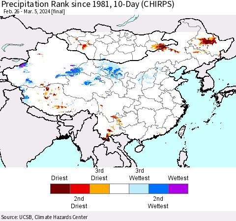 China, Mongolia and Taiwan Precipitation Rank since 1981, 10-Day (CHIRPS) Thematic Map For 2/26/2024 - 3/5/2024