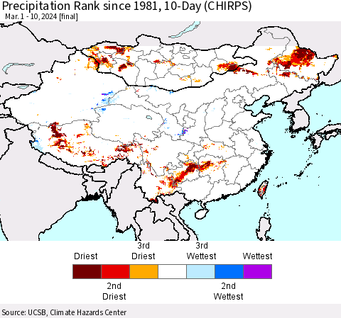 China, Mongolia and Taiwan Precipitation Rank since 1981, 10-Day (CHIRPS) Thematic Map For 3/1/2024 - 3/10/2024