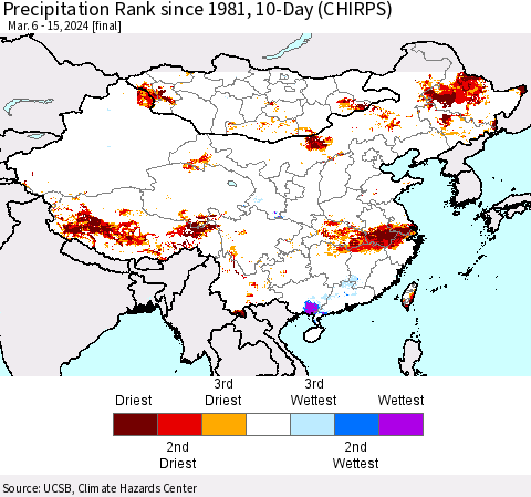 China, Mongolia and Taiwan Precipitation Rank since 1981, 10-Day (CHIRPS) Thematic Map For 3/6/2024 - 3/15/2024