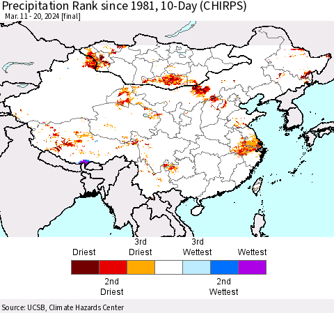 China, Mongolia and Taiwan Precipitation Rank since 1981, 10-Day (CHIRPS) Thematic Map For 3/11/2024 - 3/20/2024