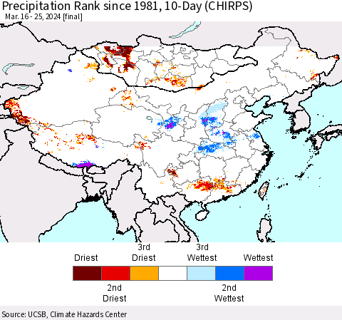 China, Mongolia and Taiwan Precipitation Rank since 1981, 10-Day (CHIRPS) Thematic Map For 3/16/2024 - 3/25/2024