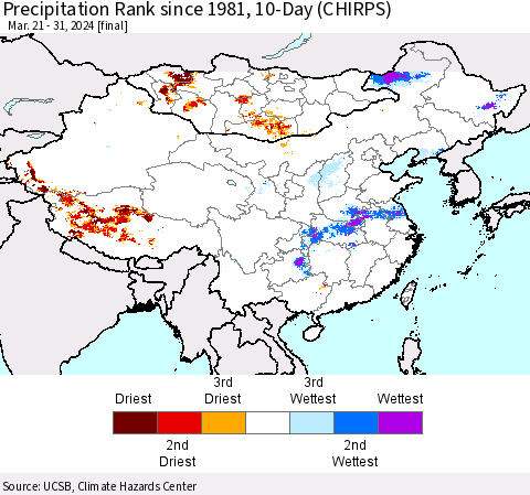 China, Mongolia and Taiwan Precipitation Rank since 1981, 10-Day (CHIRPS) Thematic Map For 3/21/2024 - 3/31/2024