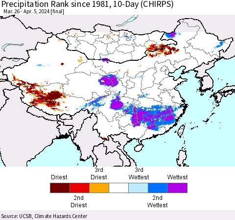 China, Mongolia and Taiwan Precipitation Rank since 1981, 10-Day (CHIRPS) Thematic Map For 3/26/2024 - 4/5/2024