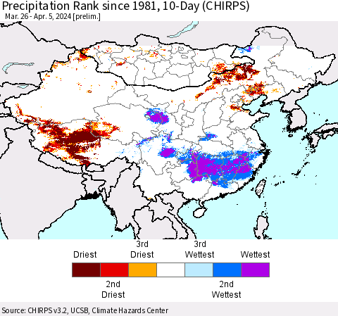 China, Mongolia and Taiwan Precipitation Rank since 1981, 10-Day (CHIRPS) Thematic Map For 3/26/2024 - 4/5/2024