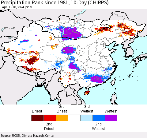 China, Mongolia and Taiwan Precipitation Rank since 1981, 10-Day (CHIRPS) Thematic Map For 4/1/2024 - 4/10/2024