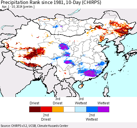 China, Mongolia and Taiwan Precipitation Rank since 1981, 10-Day (CHIRPS) Thematic Map For 4/1/2024 - 4/10/2024