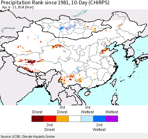China, Mongolia and Taiwan Precipitation Rank since 1981, 10-Day (CHIRPS) Thematic Map For 4/6/2024 - 4/15/2024