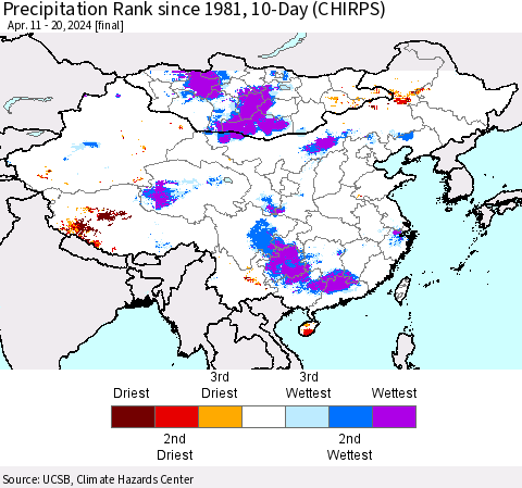 China, Mongolia and Taiwan Precipitation Rank since 1981, 10-Day (CHIRPS) Thematic Map For 4/11/2024 - 4/20/2024