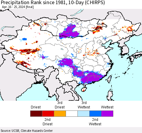 China, Mongolia and Taiwan Precipitation Rank since 1981, 10-Day (CHIRPS) Thematic Map For 4/16/2024 - 4/25/2024